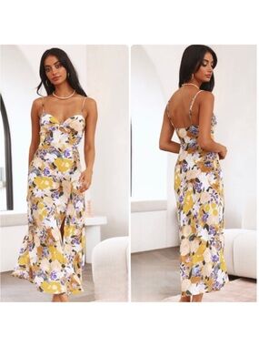 Here Comes the Sun Floral Spaghetti-Strap Midi Dress in Yellow